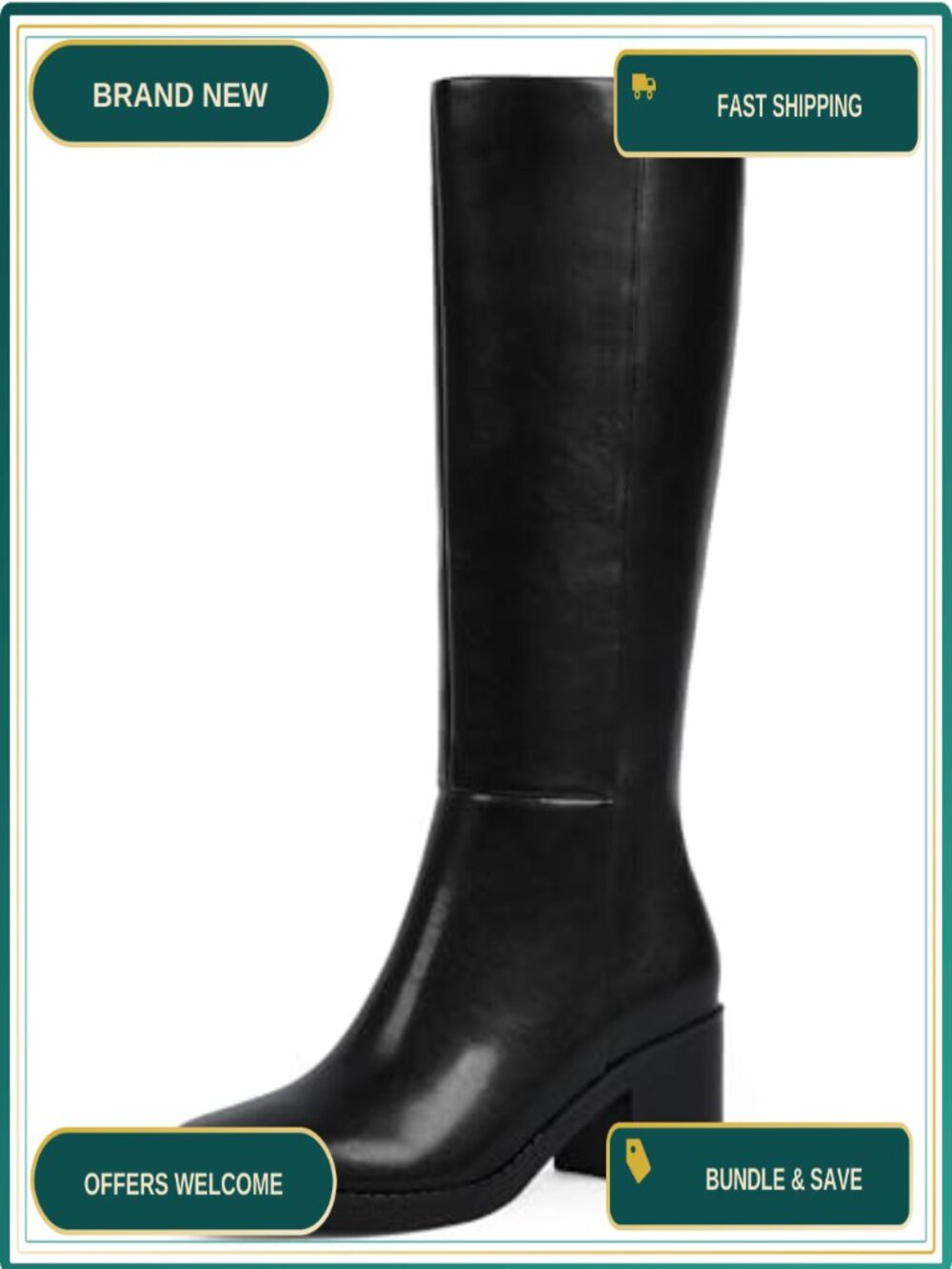 Knee High Boots Women Chunky Low Heel Round Toe Faux Pu Leather Tall Boots